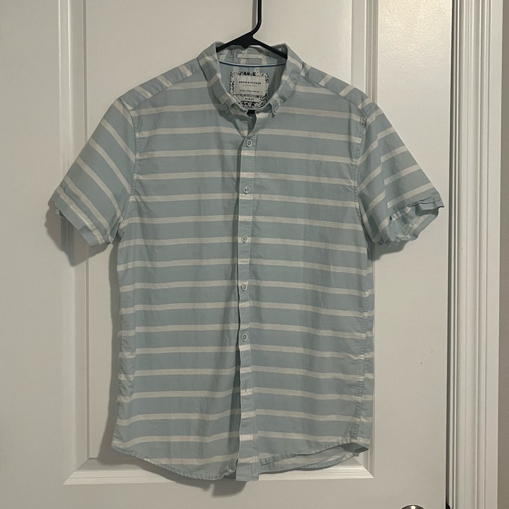 Denim & Flower Mens Blue/Green Stripe Short Sleeve Shirt NWOT